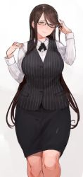 Rule 34 | 1girl, breasts, brown eyes, brown hair, c.cu, curvy, formal, glasses, gradient background, grey background, large breasts, light smile, long hair, looking at viewer, original, pink background, pinstripe pattern, pinstripe suit, skirt, smile, solo, striped, suit, thighs, tsuyuhara miu, wide hips