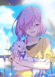 Rule 34 | 1girl, ;d, alternate costume, animal, blurry, blurry background, cloud, collarbone, day, fate/grand order, fate (series), fou (fate), hair over one eye, holding, holding animal, looking at viewer, mash kyrielight, one eye closed, open mouth, outdoors, purple eyes, purple hair, ribbon, shirt, short hair, short sleeves, sky, smile, solo, upper body, yeh (354162698), yellow ribbon, yellow shirt