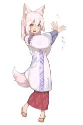 Rule 34 | 1girl, animal ears, arms up, fang, flower, fox ears, fox tail, geta, hair flower, hair ornament, highres, hitoshi, japanese clothes, long hair, looking at viewer, open mouth, original, red skirt, skirt, smile, solo, tail, tengu-geta, white background, white hair, yellow eyes