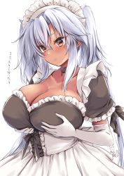 Rule 34 | 1girl, absurdres, alternate costume, apron, black choker, black dress, breasts, choker, cleavage, dark-skinned female, dark skin, dated, dress, elbow gloves, enmaided, frilled apron, frills, glasses, gloves, grey-framed eyewear, hair between eyes, highres, kantai collection, large breasts, light brown hair, long dress, maid, maid apron, maid headdress, mashiro yukiya, musashi (kancolle), musashi kai ni (kancolle), platinum blonde hair, pointy hair, puffy short sleeves, puffy sleeves, red eyes, semi-rimless eyewear, short hair with long locks, short sleeves, signature, solo, translated, twintails, two side up, waist apron, white apron
