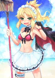 Rule 34 | 1girl, :d, apron, artoria pendragon (alter swimsuit rider) (second ascension) (fate), bare shoulders, beach, bikini, black bow, black bowtie, black skirt, blonde hair, blue sky, blush, bow, bowtie, bracelet, braid, breasts, cleavage, cloud, cowboy shot, day, eyes visible through hair, fang, fate/grand order, fate (series), fingernails, french braid, frilled apron, frilled skirt, frills, front-tie bikini top, front-tie top, green eyes, groin, hair intakes, hair ornament, hair scrunchie, highres, holding, holding mop, ifelt (tamaki zutama), jewelry, legs apart, long hair, looking at viewer, maid apron, maid headdress, medium breasts, mop, mordred (fate), mordred (fate) (all), mordred (swimsuit rider) (fate), mordred (swimsuit rider) (first ascension) (fate), navel, nose blush, ocean, open mouth, outdoors, over shoulder, red bikini, red scrunchie, scrunchie, skirt, sky, smile, solo, sparkle, swimsuit, teeth, thigh strap, waist apron, white apron