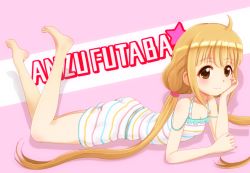 Rule 34 | 10s, 1girl, alternate costume, bad id, bad pixiv id, barefoot, blonde hair, brown eyes, casual, character name, feet, futaba anzu, hand on own cheek, hand on own face, idolmaster, idolmaster cinderella girls, legs up, long hair, low twintails, lying, multicolored stripes, on stomach, pink background, solo, striped, telaform, the pose, twintails