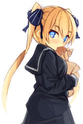 Rule 34 | 1girl, bag, black dress, blonde hair, blue eyes, blue ribbon, blush, dress, eating, fang, food, from side, hair between eyes, hair ribbon, holding, holding bag, holding food, kurasuke, long hair, long sleeves, looking at viewer, looking to the side, original, ribbon, sailor dress, sidelocks, simple background, sketch, solo, striped ribbon, taiyaki, twintails, very long hair, wagashi, white background