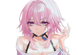 Rule 34 | 1girl, bare shoulders, black choker, blue eyes, bra strap, breasts, choker, cleavage, commentary, hand up, highres, honkai: star rail, honkai (series), long hair, looking at viewer, march 7th (honkai: star rail), medium breasts, off-shoulder shirt, off shoulder, pink hair, purple eyes, shirt, simple background, solo, turbulence, two-tone eyes, unfinished, white background
