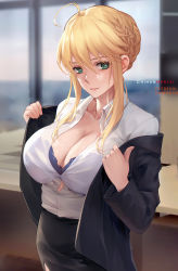 Rule 34 | 1girl, artoria pendragon (fate), artoria pendragon (lancer) (fate), black jacket, black skirt, blonde hair, blue bra, bra, braid, breasts, business suit, chihunhentai, cleavage, collarbone, collared shirt, contemporary, dress shirt, fate/grand order, fate (series), formal, french braid, green eyes, hair between eyes, highres, jacket, large breasts, long hair, long sleeves, looking at viewer, office lady, pencil skirt, shirt, sidelocks, skirt, skirt suit, smile, solo, suit, underwear, white shirt