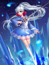 Rule 34 | 123cuiyang, 1girl, artist request, blue eyes, boots, cryokinesis, earrings, highres, ice, jewelry, knee boots, long hair, magic circle, red lips, rwby, skirt, snow, snowflakes, solo, standing, standing on one leg, sword, teeth, very long hair, weapon, weiss schnee, white footwear, white hair