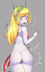 Rule 34 | 1girl, android, antennae, ass, bikini, blonde hair, blue eyes, blush stickers, breasts, colored skin, curly brace, dimples of venus, doukutsu monogatari, from behind, joints, large breasts, looking back, looking down, nickleflick, o-ring, o-ring bikini, red bikini, robot ears, robot joints, sideboob, solo, striped bikini, striped clothes, swimsuit, torn bikini, torn clothes, wardrobe malfunction, white skin