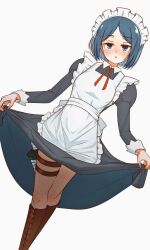 1girl akatsuki_(akatsukinotsuki) black_dress blue_eyes blush breasts brown_footwear clay_(dungeon_people) clothes_lift commentary dress dungeon_people grey_hair knife lifting_own_clothes long_sleeves looking_at_viewer maid short_hair skirt skirt_lift small_breasts solo thigh_strap white_background