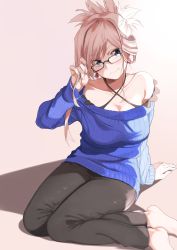 Rule 34 | 1girl, absurdres, amu (258shin), arm support, arm up, bare shoulders, barefoot, bespectacled, black-framed eyewear, black pants, blue eyes, blue sweater, breasts, cleavage, closed mouth, collarbone, commentary, criss-cross halter, earrings, fate/grand order, fate (series), fingernails, folded ponytail, glasses, hair between eyes, halterneck, head tilt, highres, holding, holding hair, jewelry, leaf earrings, light, long hair, long sleeves, looking at viewer, medium breasts, miyamoto musashi (fate), off shoulder, pants, parted bangs, pink background, pink hair, ribbed sweater, shadow, simple background, sitting, smile, solo, sweater, yokozuwari