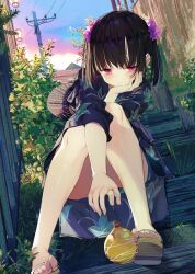 Rule 34 | 1girl, :|, bare legs, bare legs girl (kamizaki hibana), black hair, blush, closed mouth, dot nose, dutch angle, expressionless, feet, fence, grass, hair ornament, hair scrunchie, hand fan, hand on own cheek, hand on own face, head rest, japanese clothes, kamizaki hibana, kimono, knees together feet apart, lantern, leaning to the side, long sleeves, looking down, no pants, original, paper fan, paper lantern, plant, power lines, purple eyes, purple kimono, purple scrunchie, reaching, sandals, scrunchie, shoe soles, short hair, short twintails, sitting, sitting on stairs, solo, stairs, thighs, toes, twintails, uchiwa, utility pole, wide sleeves, yukata, zouri