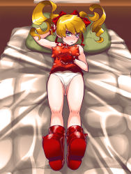 Rule 34 | 1girl, ankle boots, bed, blonde hair, blue eyes, blush, boots, bow, breasts, clothes lift, dress, dress lift, effie (street fighter), fingerless gloves, full-face blush, gloves, hair bow, long hair, looking at viewer, on bed, osamu yagi, panties, pillow, red dress, red gloves, ribbon, solo, spikes, street fighter, street fighter iii (series), sweatdrop, twintails, underwear, white panties