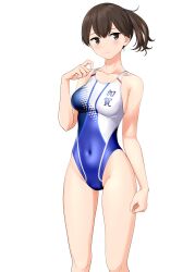 Rule 34 | 1girl, absurdres, blue one-piece swimsuit, breasts, brown eyes, brown hair, clothes writing, commentary request, competition swimsuit, covered navel, cowboy shot, feet out of frame, highres, kaga (kancolle), kantai collection, looking at viewer, medium breasts, medium hair, multicolored clothes, multicolored swimsuit, one-piece swimsuit, side ponytail, simple background, solo, standing, swimsuit, takafumi, variant set, white background