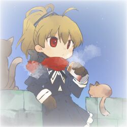 Rule 34 | 1girl, ahoge, andou tazusa, animal, animal on shoulder, arm support, assault lily, black ribbon, black skirt, blonde hair, blush, breath, brown gloves, can, cat, cat on shoulder, chimney, closed mouth, cowboy shot, cropped jacket, drink can, gloves, hair between eyes, hair ribbon, hand up, high-waist skirt, high ponytail, highres, holding, holding can, juliet sleeves, long sleeves, looking ahead, miniskirt, night, night sky, outdoors, ponytail, puffy sleeves, red eyes, red scarf, ribbon, scarf, school uniform, shirt, short hair, skirt, sky, solo, standing, toyo (sameden46), white shirt, yurigaoka girls academy school uniform