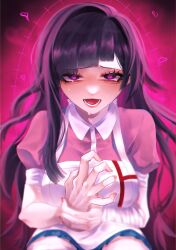 Rule 34 | 1girl, :d, absurdres, apron, breasts, collared shirt, danganronpa (series), danganronpa 2: goodbye despair, dress shirt, highres, holding own wrist, kamin (0428hopelove), large breasts, looking at viewer, lower teeth only, open mouth, pink background, pink shirt, puffy short sleeves, puffy sleeves, shirt, short sleeves, sitting, smile, solo, teeth, tsumiki mikan, two-tone shirt, white apron