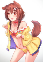 Rule 34 | 1girl, animal collar, animal ears, bad id, bad pixiv id, bikini, blush, bone hair ornament, braid, breasts, brown eyes, brown hair, cleavage, collar, dog ears, dog girl, dog tail, hair between eyes, hair ornament, highres, hololive, inugami korone, inugami korone (1st costume), jacket, jewelry, long hair, looking at viewer, low twin braids, medium breasts, navel, necklace, open mouth, shuuzo3, smile, solo, strap slip, swimsuit, tail, twin braids, virtual youtuber