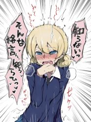 Rule 34 | 10s, 1girl, black necktie, blonde hair, blue eyes, blue sweater, blush, braid, braided hair rings, commentary request, darjeeling (girls und panzer), dress shirt, girls und panzer, hair rings, hair up, hand to own mouth, highres, necktie, nose blush, open mouth, r-one, shirt, solo, sweater, tears, translation request, trembling, v-neck, white shirt