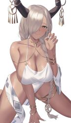 Rule 34 | absurdres, azur lane, bare shoulders, black horns, blush, bracelet, breasts, cleavage, closed mouth, collarbone, dark-skinned female, dark skin, grey hair, hair over one eye, highres, horn ornament, horns, jewelry, large breasts, long hair, looking at viewer, mole, mole under mouth, one-piece swimsuit, one eye covered, owari (azur lane), owari (shimmering forsythia) (azur lane), sateridas, sideboob, simple background, smile, swimsuit, thighlet, thighs, white background, white nails, white one-piece swimsuit
