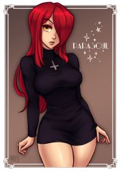 Rule 34 | 1girl, 2017, artist name, black dress, breasts, brown background, character name, commentary, commission, cowboy shot, cross, cross necklace, dress, english commentary, hair over one eye, iahfy, inverted cross, jewelry, lips, long sleeves, looking at viewer, necklace, parasoul (skullgirls), red hair, shiny skin, skullgirls, solo, turtleneck, yellow eyes