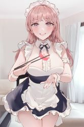 Rule 34 | 1girl, apron, artist name, blush, breasts, chopsticks, chowbie, commentary request, couch, curtains, food, highres, holding, holding chopsticks, indoors, large breasts, legs together, light brown hair, long hair, looking at viewer, maid, maid apron, maid headdress, open mouth, original, purple eyes, revision, sidelocks, solo, standing, sushi, thighs, white apron