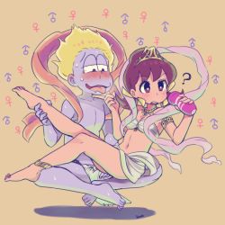 Rule 34 | 10s, 1boy, 1girl, ?, anklet, artificial vagina, bad id, bad pixiv id, bandeau, barefoot, blonde hair, bloodshot eyes, blush, bow, breasts, brown eyes, bulge, chain, cleavage, colored skin, drooling, erection, erection under clothes, feet, floating, hair bow, indian style, jewelry, loincloth, low twintails, mars symbol, matsuno ichimatsu, medium breasts, navel, open mouth, osomatsu-kun, osomatsu-san, osomatsu (series), purple skin, remotarou, sex toy, short twintails, simple background, sitting, tan background, tenga, tiara, twintails, venus symbol, yowai totoko