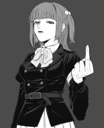 Rule 34 | 1girl, armband, belt, blunt bangs, bow, breasts, buttons, collared shirt, double-breasted, frilled sleeves, frills, grey background, hair bobbles, hair ornament, jacket, long hair, long sleeves, looking at viewer, looking down, medium breasts, middle finger, nasu (nasuotabe), parted lips, pleated skirt, puffy long sleeves, puffy sleeves, shirt, sidelocks, simple background, skirt, solo, two side up, umineko no naku koro ni, ushiromiya ange