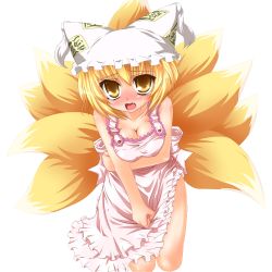 Rule 34 | 1girl, apron, blonde hair, blush, breasts squeezed together, breasts, cleavage, embarrassed, fang, female focus, hat, highres, kazami karasu, lossy-lossless, medium breasts, multiple tails, naked apron, open mouth, short hair, solo, tail, tears, touhou, transparent background, yakumo ran, yellow eyes