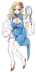 Rule 34 | 1girl, blonde hair, blue dress, breasts, china dress, chinese clothes, cleavage, closed mouth, covered navel, dress, feather boa, fujii mochi, goddess of victory: nikke, holding, large breasts, long hair, looking at viewer, ludmilla (nikke), red eyes, sitting, smile, solo, thighhighs, wavy hair, white thighhighs