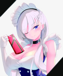 Rule 34 | 1girl, absurdres, azur lane, bad id, bad pixiv id, belfast (azur lane), black choker, blue eyes, blush, braid, breasts, choker, cleavage, closed mouth, elbow gloves, french braid, gift, gloves, highres, holding, holding gift, large breasts, long hair, looking at viewer, maid, maid headdress, noraneri, one eye closed, silver hair, smile, solo, upper body, valentine, white background, white gloves