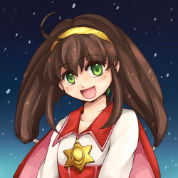 Rule 34 | 1girl, :d, ahoge, blue background, brown hair, green eyes, hairband, lilka eleniak, long hair, low-tied long hair, lowres, nagi mizuha, open mouth, smile, snow, solo, twintails, wild arms, wild arms 2, yellow hairband