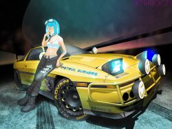 Rule 34 | 1girl, aqua eyes, aqua hair, bandaged arm, bandages, boots, car, crop top, goggles, goggles on head, grey pants, hand up, headlight, heterochromia, jettoburikku, leaning on object, medium hair, midriff, motor vehicle, night, original, outdoors, pants, product placement, solo, spoiler (automobile), stomach, toyota, toyota supra, vehicle focus, white eyes