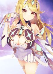 Rule 34 | 1girl, :&lt;, bare shoulders, breasts, chest jewel, cleavage, cleavage cutout, clothing cutout, dress, elbow gloves, gloves, hair ornament, highres, large breasts, long hair, looking at viewer, mythra (xenoblade), rindoriko, short dress, solo, swept bangs, thigh strap, white dress, white gloves, xenoblade chronicles (series), xenoblade chronicles 2, yellow eyes
