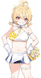 Rule 34 | 1girl, ahoge, blonde hair, blue archive, blue skirt, breasts, cheerleader, cleavage, closed mouth, collarbone, gloves, halo, highres, kotori (blue archive), kotori (cheer squad) (blue archive), kumadano, looking at viewer, medium breasts, millennium cheerleader outfit (blue archive), navel, official alternate costume, plump, pom pom (cheerleading), red eyes, short hair, simple background, skirt, smile, solo, standing, thigh strap, thighs, triangle halo, two-tone skirt, white background, white gloves, white skirt, yellow halo