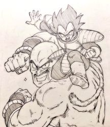 Rule 34 | 2boys, armor, bald, black eyes, black hair, boots, clenched hands, dragon ball, dragonball z, facial hair, frown, grin, looking at viewer, male focus, monochrome, multiple boys, muscular, mustache, nappa, open mouth, outstretched hand, short hair, simple background, smile, sparkle, spiked hair, tail, tkgsize, vegeta, wristband