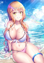 Rule 34 | 1girl, beach, bikini, blue sky, blush, bracelet, breasts, cleavage, cloud, collarbone, duplicate, front-tie bikini top, front-tie top, grin, hair ornament, halterneck, heart, heart hair ornament, heart necklace, highres, jewelry, large breasts, long hair, looking at viewer, mole, mole on breast, multi-strapped bikini bottom, natsusora aona, navel, necklace, novady, orange hair, original, outdoors, pixel-perfect duplicate, sky, smile, solo, sunlight, swimsuit, thigh strap, water, wet, white bikini, yellow eyes