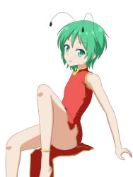 Rule 34 | 1girl, alternate costume, anklet, antennae, arm support, bare arms, bare legs, cato (monocatienus), china dress, chinese clothes, commentary request, dress, feet out of frame, flat chest, green eyes, green hair, hair between eyes, jewelry, knee up, leaning back, looking at viewer, open mouth, parted lips, short hair, simple background, solo, touhou, white background, wriggle nightbug