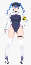 Rule 34 | absurdres, ahoge, black choker, blue eyes, blue hair, choker, covered navel, drill hair, eyewear on head, gradient hair, hand on own hip, highleg, highleg swimsuit, highres, jacket, maruyaa (malya1006), multicolored hair, one-piece swimsuit, open clothes, open jacket, original, smile, solo, swimsuit, thigh strap, thighhighs, twintails, visor, white thighhighs