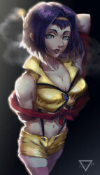 Rule 34 | 1girl, absurdres, arm behind back, arm behind head, armpits, artist logo, artist name, backlighting, black background, black panties, blowing smoke, bob cut, breasts, cigarette, cleavage, clothes around waist, collarbone, commentary, cowboy bebop, cowboy shot, crop top, ethan wylie, faye valentine, foreshortening, from above, glowing, green eyes, hairband, highleg, highleg panties, highres, holding, holding cigarette, light particles, lipstick, looking at viewer, makeup, medium breasts, panties, parted bangs, parted lips, perspective, pink thighhighs, purple hair, red lips, red sweater, shirt, short hair, short shorts, shorts, signature, sleeveless, sleeveless shirt, smoke, smoking, solo, standing, sweater, sweater around waist, thick eyebrows, thighhighs, tied sweater, underwear, widow&#039;s peak, yellow hairband, yellow shirt, yellow shorts