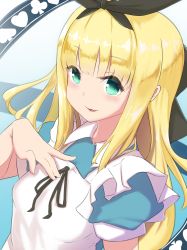 Rule 34 | 1girl, apron, black bow, blonde hair, blue dress, blush, bow, breasts, commentary request, dress, hair bow, hair ribbon, highres, long hair, looking at viewer, mononobe alice, mononobe alice (1st costume), nijisanji, open mouth, puffy short sleeves, puffy sleeves, ribbon, short sleeves, smile, solo, utsusumi kio, very long hair, virtual youtuber