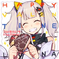 Rule 34 | 1girl, :d, artist name, bare shoulders, character name, cleavage cutout, closed eyes, clothing cutout, d-pad, d-pad hair ornament, dated, english text, grey hair, hair ornament, hairclip, hands up, happy valentine, highres, kaguya luna, mika pikazo, open mouth, simple background, smile, solo, the moon studio, twintails, upper body, valentine, virtual youtuber, wristband