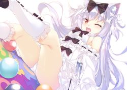 Rule 34 | 1girl, animal ears, armpit crease, azur lane, ball, bare shoulders, black bow, black ribbon, blush, boots, bow, breasts, brown eyes, cat ears, center frills, commentary request, dress, fang, floating hair, frilled boots, frilled dress, frilled sleeves, frills, from below, hair bow, hair ribbon, highres, jigsaw puzzle, knee boots, legs, long hair, long sleeves, looking at viewer, mayusaki yuu, off-shoulder dress, off shoulder, one eye closed, open mouth, panties, pantyshot, puzzle, ribbon, ribbon-trimmed sleeves, ribbon trim, shiny skin, sidelocks, silver hair, simple background, sitting, small breasts, solo, thighs, toy, two side up, underwear, white background, white bow, white dress, white footwear, white panties, white ribbon, yukikaze (azur lane), yukikaze (sovereign of the swing) (azur lane)
