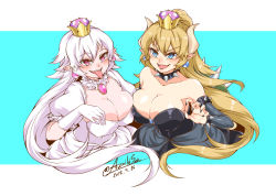 Rule 34 | 2girls, absurdres, armlet, azaikisan, bare shoulders, black dress, black lips, black nails, blonde hair, blue eyes, blush, bowsette, bracelet, breasts, brooch, cleavage, collar, collarbone, crown, dated, dress, earrings, frilled dress, frilled gloves, frills, gloves, hair between eyes, highres, horns, jewelry, large breasts, lipstick, long hair, looking at viewer, luigi&#039;s mansion, makeup, mario (series), multiple girls, nail polish, new super mario bros. u deluxe, nintendo, open mouth, ponytail, princess king boo, purple eyes, sharp teeth, simple background, smile, spiked bracelet, spiked collar, spiked shell, spikes, strapless, strapless dress, super crown, teeth, tongue, tongue out, turtle shell, twitter username, upper body, white dress, white gloves, white hair