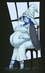Rule 34 | 1girl, big belly, blue eyes, blue hair, blue skin, breasts, colored skin, elden ring, extra arms, female focus, full body, hat, hellbrain, highres, huge breasts, matching hair/eyes, multiple arms, one eye closed, pregnant, ranni the witch, short hair, solo, stirrup legwear, toeless legwear, witch hat
