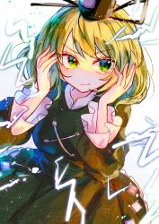 Rule 34 | 1girl, breasts, dress, electricity, fingernails, green dress, green eyes, green hair, hands up, hat, highres, itsumizu, long hair, looking at viewer, medium breasts, outer glow, short hair, simple background, soga no tojiko, solo, tate eboshi, touhou