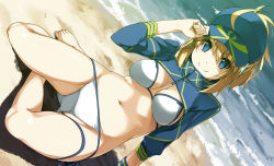 Rule 34 | 1girl, ahoge, artoria pendragon (fate), baseball cap, beach, bikini, blonde hair, blue eyes, blue hat, breasts, cleavage, commentary request, dot nose, fate (series), hair between eyes, hair through headwear, hat, highres, jacket, large breasts, long hair, long sleeves, looking at viewer, mysterious heroine x (fate), mysterious heroine xx (fate), navel, on ground, outdoors, ponytail, shikei, shrug (clothing), side-tie bikini bottom, sitting, smile, solo, swimsuit, thigh strap, water, white bikini