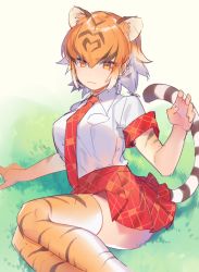 Rule 34 | 10s, 1girl, :3, animal ears, animal print, bad id, bad pixiv id, breasts, cat ears, cat tail, claw pose, collar, collared shirt, gradient hair, grass, hand up, heiwa (murasiho), kemono friends, large breasts, legs together, light smile, looking at viewer, multicolored hair, necktie, orange eyes, orange hair, outdoors, plaid, plaid necktie, plaid neckwear, plaid skirt, red skirt, shirt, short hair, shorts, sitting, skirt, solo, streaked hair, striped clothes, striped tail, striped thighhighs, tail, thighhighs, tiger (kemono friends), tiger ears, tiger print, tiger tail, tsurime, white hair, white shirt