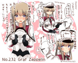 Rule 34 | 10s, 1boy, 1girl, :t, admiral (kancolle), alternate eye color, black gloves, blonde hair, blush, breasts, capelet, character name, commentary request, cross, cup, closed eyes, faceless, faceless male, gloves, graf zeppelin (kancolle), hair between eyes, hat, unworn hat, unworn headwear, holding, holding clothes, holding hat, jacket, kantai collection, large breasts, long hair, looking at viewer, military, military uniform, mug, necktie, open mouth, peaked cap, pout, purple eyes, sidelocks, suzuki toto, sweatdrop, translation request, tray, tsurime, twintails, twitter username, uniform, upper body