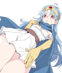 Rule 34 | 1girl, :o, blue cape, blue hair, blush, cape, circlet, dragon quest, dragon quest iii, gloves, ixy, long hair, looking at viewer, red eyes, sage (dq3), simple background, solo, white background, yellow gloves