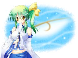 Rule 34 | 1girl, :o, bare shoulders, bow, breasts, cosplay, daiyousei, daiyousei (cosplay), detached sleeves, fairy, fairy wings, female focus, frog hair ornament, gohei, green hair, groin, hair bow, hair ornament, hair tubes, kochiya sanae, kochiya sanae (cosplay), large breasts, looking at viewer, midriff, navel, oonusa, osashin (osada), side ponytail, single wing, skirt, smile, snake, solo, touhou, wings, yellow eyes