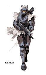 Rule 34 | 1boy, alternate costume, animal ears, apron, armor, assault rifle, bullpup, cat ears, armor under clothes, frilled apron, frills, full armor, gun, halo: reach, halo (series), helmet, highres, holding, holding gun, holding weapon, ma5, maid apron, maid headdress, power armor, rifle, simple background, solo, spartan-b312, spartan (halo), standing, taocan shisi hao, weapon, white apron, white background