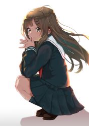 Rule 34 | 1girl, absurdres, black socks, blush, brown eyes, brown hair, commentary request, hair ornament, hairclip, highres, kneehighs, loafers, long hair, long sleeves, looking at viewer, mugcup, original, own hands clasped, own hands together, pleated skirt, school uniform, serafuku, shoes, simple background, skirt, smile, socks, solo, squatting, white background